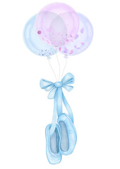 Pointe shoes on balloons with a bow. Hand drawn watercolor blue pointe shoes flying on balloons. Design for ballerin, ballet dancer, frame art. Isolated on transparent background.