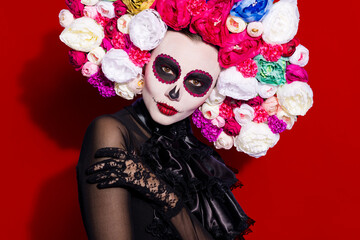 Closeup photo of hot sly dark dead beauty katrina calaverita facial print folklore creature saints...