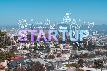 Panoramic view of San Francisco skyline at daytime from hill side. Financial District, residential neighborhoods. Startup company, launch project to seek and develop scalable business model, hologram