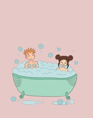 cute illustration, cheerful couple sitting in bubble bath and laughing, they are happy and enjoy bathing together, Hygiene concept