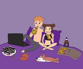  a cute couple is lying hugging on a purple bed with purple pillows, watching a movie on a laptop and eating delicious pizza
