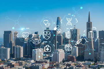 San Francisco skyline from Coit Tower to Financial District and residential neighborhoods, California, US. Health care digital medicine hologram. The concept of treatment and disease prevention