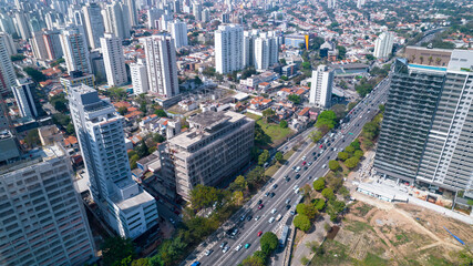 Fototapeta na wymiar Aerial view of the city of São Paulo, Brazil. In the neighborhood of Vila Clementino, Jabaquara, south side. Aerial drone photo. Avenida 23 de Maio in the background