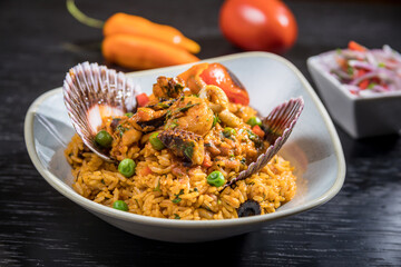typical peruvian food, rice with shrimp