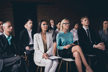 Portrait of businesspeople ceo boss chief attending event listening to presenter plan at loft wood...