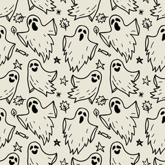 Monochrome seamless pattern of cute little cartoon ghosts on light background. Horror Halloween hand drawn doodle background. Cloth Ghosts. Flying Phantoms. Halloween scary ghostly monsters.