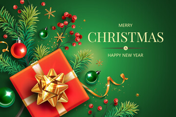 Horizontal banner with gold and red Christmas symbols and text. Christmas tree, gifts, golden tinsel confetti and snowflakes on green background. Header for website template.