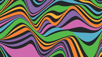 Hippie trippy background for psychedelic 60s 70s parties with bright acid rainbow colors and groovy liquid wavy pattern in pop art style. Funky retro wallpaper.