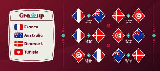 world cup 2022 Group D national team Schedule matches in the final stage at the 2022 Football World Championship. Vector illustration of world football 2022 matches.