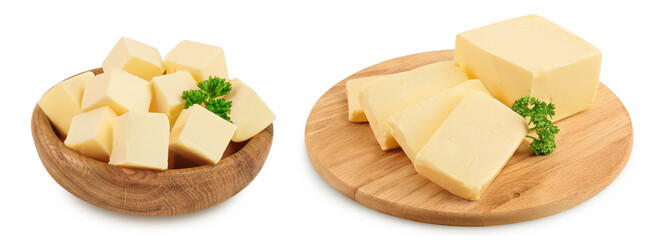butter cubes in wooden bowl isolated on white background with full depth of field