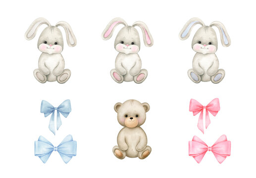 Baby bunny with teddy bear..Watercolor hand painted illustrations isolated on white background .
