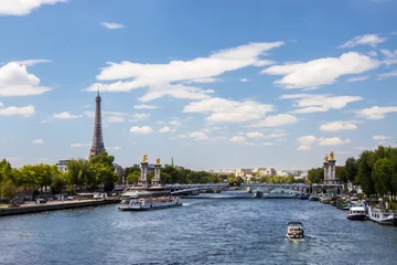Papier Peint photo Pont Alexandre III landscape view of river seine with pont alexandre iii bridge and the eiffel tower 0n a beautiful bright day