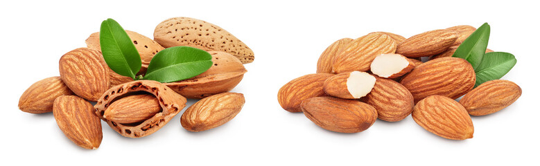 Almonds nuts with leaves isolated on white background with full depth of field.