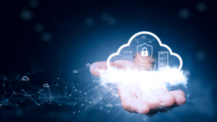 Cloud and edge computing technology concepts with cybersecurity data protection. Icon and abstract cloud above the prominent right hand. polygons connected on a dark blue background.