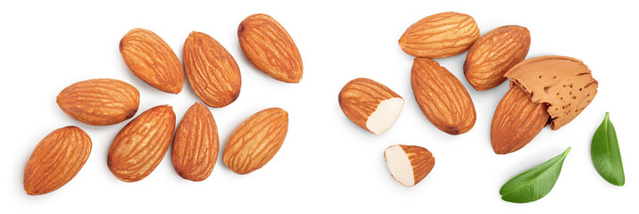 Almonds nuts with leaves isolated on white background. Top view. Flat lay.