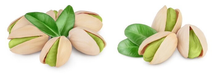 pistachio with leaves isolated on white background with full depth of field