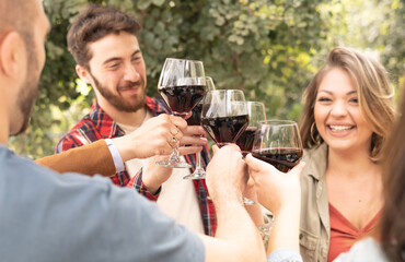 Glad friends clinking glasses red wine outdoor in the countryside - Multiracial people having fun together in the winery