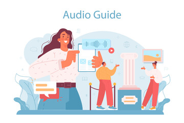 Tour vacation guide concept. Tourists listening to the history of the city