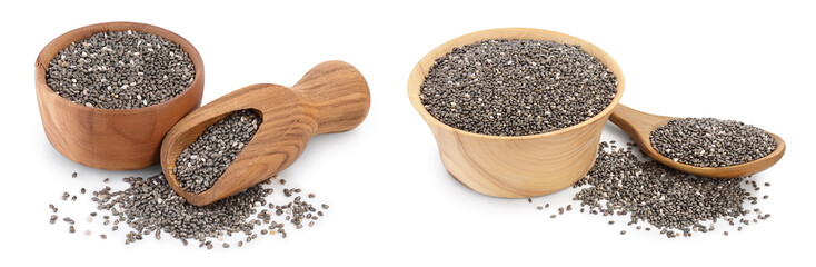 Chia seeds in wooden bowl isolated on white background with full depth of field.