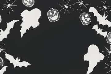 Halloween flat lay. Spooky black ghosts, spiders, bats and pumpkins  decoration on dark background. Happy Halloween! Creative evil Halloween template with space for text