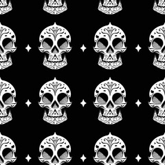 Black and white elegant Halloween pirate horror skull seamless pattern