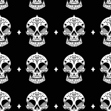 Black and white elegant Halloween pirate horror skull seamless pattern