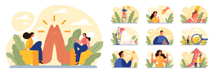 Hope concept set. New beginning and faith in the future, support