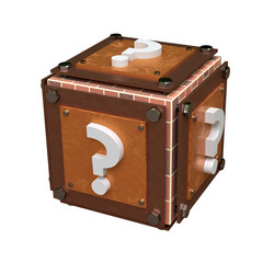 Quesition mark box, old complex metallic cobber box with question symbol, 3d rendered png-image with transparent background, alpha channel. Good for bigger illustrations