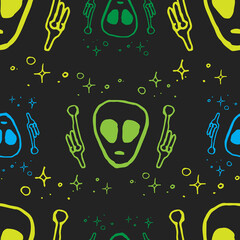 Colorful Alien seamless pattern on black