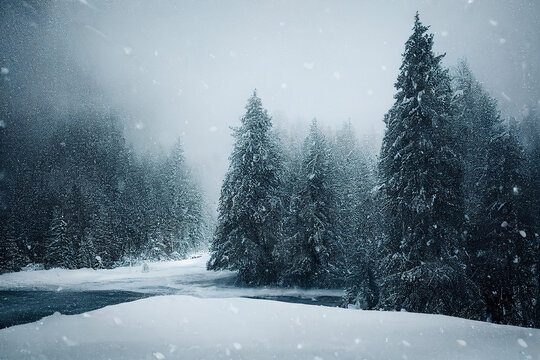 Starker Schneefall im Wald mit Tannenbäumen, generative ai technology