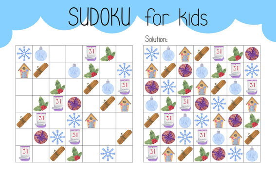 Sudoku educational game or leisure activity worksheet illustration, printable grid to fill in missing images, winter, Christmas topical vocabulary, puzzle with its solution, teacher res