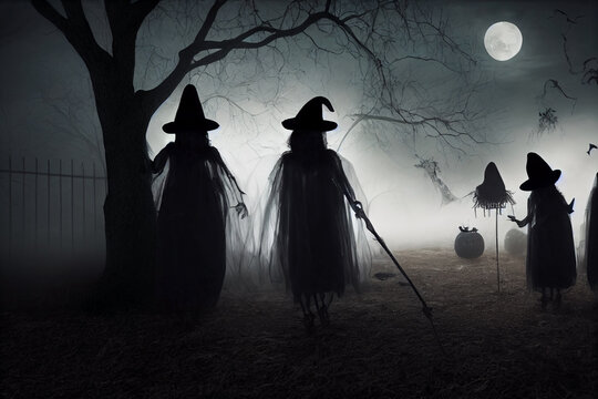 Witches, Skeletons, Ghosts On Halloween Night Photorealism. Digital Illustration