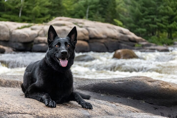 Black German shepherd sitting next to a river