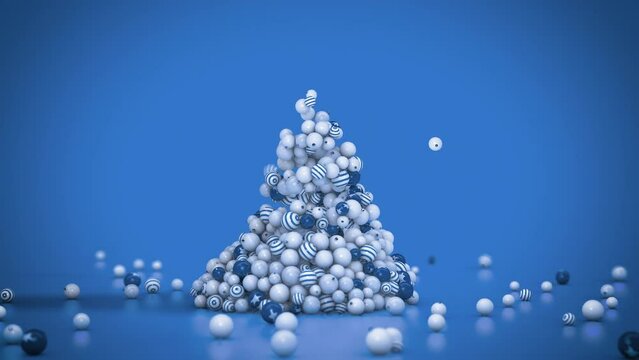 Christmas tree made of globes with different prints and star on blue background. Growing funny Christmas tree animation. Holidays symbol. 4k