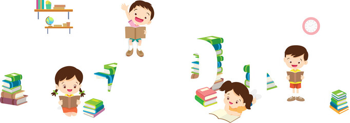 Reading concept illustration of Students Boy and Girl Reading and learning various actions with elements