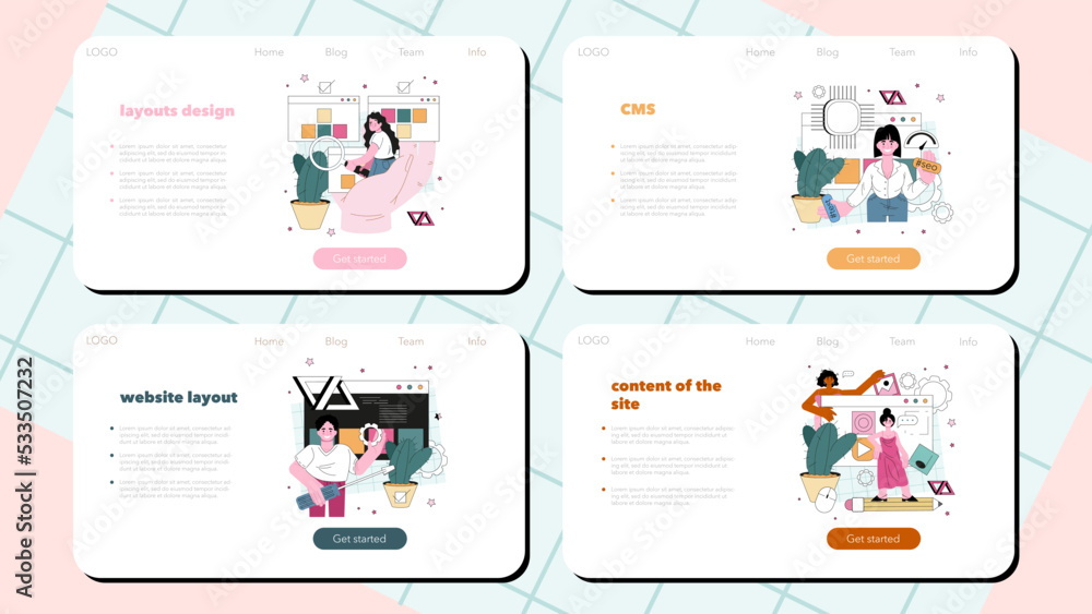 Poster website programming web banner or landing page set. content management