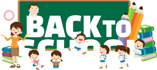 Back to school concept illustration of TeacherStudents Boy and Girl Reading and learning