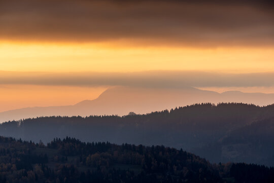 Beautiful sunrise in the mountainous landscape. The Mala Fatra national park in northwest of Slovakia, Europe.