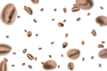 Obraz premium Coffee falling bean background. Black espresso coffee bean flying on white. Aromatic grain fall isolated. Represent breakfast for energy and freshness concept.