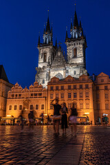 Fototapeta na wymiar Prague - Czech Republic -The Old Town Square at dusk with the Church of Our Lady before Tyn towers in the background
