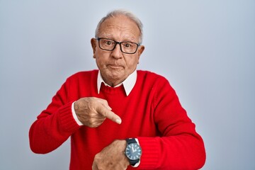 Senior man with grey hair standing over isolated background in hurry pointing to watch time,...