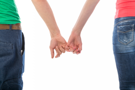 Young couple seen from behind holding hands isolated on transparent background