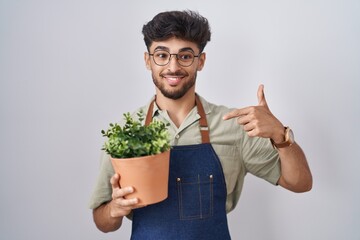 Arab man with beard holding green plant pot looking confident with smile on face, pointing oneself with fingers proud and happy.