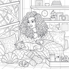 Girl with a blanket and a sleeping cat in the room.Coloring book antistress for children and adults. Illustration isolated on white background.Zen-tangle style. Hand draw