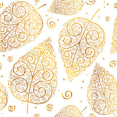 Golden leaves with decorative pattern and swirls on white background in style of luxury and jewels