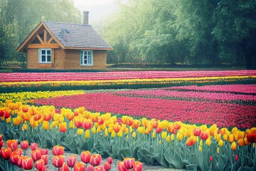macro tulip garden in front of wooden house with windo