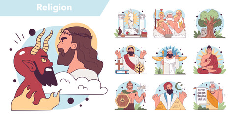 History of a religion concept set. Human religious ideas and its historical