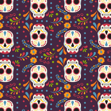 Mexican Pattern With Sugar Skulls For Day Of The Dead Vector Illustration In Flat Style