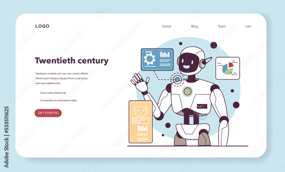 Poster xx century web banner or landing page. robotics and automation development.