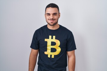Young hispanic man wearing bitcoin t shirt puffing cheeks with funny face. mouth inflated with air,...